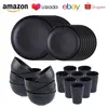 Juego de 32 Piezas de Paja de Trigo Transfronterizo Negro Puro Estilo Escandinavo Tazón para Estudiantes Taza Plato Cuchillo Tenedor Cuchara Juego de Vajilla al por Mayor