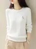 Suéter de Punto con Mangas Largas Bordado para Mujer, Versátil para el Día a Día, Cálido, Ajustado, Cuello Redondo, Capa Base de Punto con Logo de Caballo