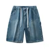 Shorts de Mezclilla de Verano 2026 para Hombre, Estilo Ins Americano Sueltos Rectos Casuales a la Rodilla con Cintura Elástica, Shorts Lavados de Longitud Media