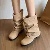 Persona baja aumento de altura botas de vaquero occidentales caídas mujer 2026 otoño pierna de pantalón arrugada botas cortas mujer botas martin de caballero retro
