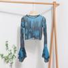 Tiro Real Distintivo Tie-Dye Delgado Cuello Redondo Holgado Corto Mangas de Trompeta Manga Larga Camiseta Malla Protector Solar Blusa Top 8891