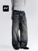 Jeans retrô americano com bigodes de gato para homens e mulheres, corte solto, lavado e desgastado, calça reta de perna larga versátil