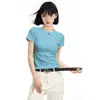Camiseta Azul de Algodão Puro com Ombro Normal de Manga Curta para Mulheres Primavera/Verão 2026 Nova Slim Fit Cor Sólida Versátil Camada Base Top Pesado
