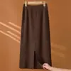 26 Otoño Invierno Nuevo 100% Lana Tejida Versátil Abertura Falda Midi para Mujer Cintura Alta Oficina Adelgazante Cálida Falda Midi