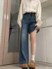 Jeans Retro Azules de Pierna Ancha para Mujer, Nuevo Estilo Otoño, Tallas Grandes, Tiro Alto, Adelgazantes, Holgados, Pierna Recta, Pantalones de Longitud Completa