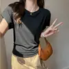 Top Gris de Manga Corta con Cuello Redondo para Mujer, Estilo Nuevo con Pliegues que Ceñen la Cintura, Camiseta Versátil de Estilo Coreano, Moderna, Ajustada