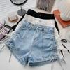 Shorts Jeans Stretch de Cintura Alta para Mulheres Verão Azul Claro Design com Cordão Look Emagrecedor A-Line Alça Short Quente Novo Estilo