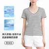 Camiseta feminina de verão de alta qualidade, estilo coreano, listrada, decote V, manga curta, feita de Tencel Lyocell, versátil, modelagem solta, afina a silhueta