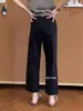 Jeans Negros de Pierna Recta Cortos de Tencel para Mujer, Verano Delgados Tallas Grandes Petite Cintura Alta Adelgazantes Pantalones de Pierna Ancha con Abertura