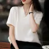 Top de camiseta de seda de morera de crepé pesado elástico grado 6A con cuello en V, blusa de seda en blanco y negro, ropa de verano de alta gama para mujer
