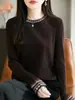 Suéter Delgado Jacquard de Cuello Redondo Estilo Étnico para Mujer Otoño e Invierno Combinación de Colores Retro Camisa de Capa Inferior Top Tejido de Punto de Manga Larga