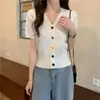 Camiseta de Manga Corta de Seda Helada con Cuello en V 2026 Verano Nuevo Estilo Fresco y Juvenil Cardigan Corto de Punto Ajustado Top para Mujer de Moda