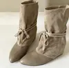 Versión de gamuza~Nuevas botas cortas de otoño e invierno vintage con punta, cordones y tobillo ancho para mujer, botas vaqueras de moda con aumento interno de altura y diseño de tacón apilado