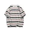 Versátil Nuevo Estilo Urbano de Verano Color Block Japonés Rayas Patchwork Casual Holgado Cuello Redondo Manga Corta Camiseta