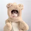 Conjunto de Chapéu, Cachecol e Luvas de Urso com Capuz Três em Um para Crianças no Inverno, Chapéu com Proteção para Ouvidos para Meninas, Chapéu 3 em 1