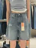 Shorts Jeans Rasgado Azul para Mulheres, Estilo Fino de Verão, Tamanho Plus Size, Cintura Alta, Emagrecimento, Corpo Pera, Shorts de Cinco Pontos de Perna Larga de Comprimento Médio