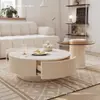 Mesa de Centro de Ardósia Cor Creme Estilo Francês Luxo Leve para Sala de Estar, Mesa de Centro Minimalista de Vidro para Apartamento Pequeno, Conjunto Combinado Redondo
