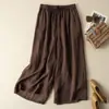 Calças Cropped Wide-Leg de Algodão e Linho Vintage para Mulheres, Calças Casuais de Cor Sólida com Cintura Elástica e Amarração para o Verão, Calças Largas e Versáteis de Algodão e Linho