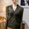 Camisa vintage con cuello en V y base de encaje para mujer, otoño e invierno 2024, nueva blusa de manga larga con estampado tie-dye estilo occidental para mujer