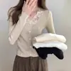 Suéter de Tricô com Renda V-neck Estilo Francês Suave para Mulheres Manga Longa Modelador Camada Base