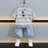 Conjunto de Verão Listrado com Pônei para Meninos, Manga Curta, Roupa Esportiva Casual Fina Estilosa para Crianças, Roupas de Bebê da Moda