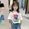 G2533 # Camiseta de Manga Larga para Niña Estilo Nuevo Primavera y Otoño 2025 Top Infantil para Niños Mayores, Falso Dos Piezas Capa Base de Algodón Puro.