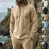 Camisa de manga larga para hombre de algodón y lino, estilo medieval retro, cuello mao, con cordones, suelta, casual, transfronteriza de Amazon Europa y América