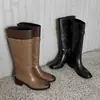 Botas de montaria femininas em couro color block, botas longas de cano alto, novo estilo outono/inverno, couro genuíno, bico redondo, salto médio, botas de cano até o joelho, botas de perna reta