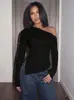 Comercio Exterior Europeo y Americano Ropa de Mujer Invierno Nuevo Color Sólido Top Sexy Escote Asimétrico Hombros Descubiertos Irregular Ajustado Manga Larga Camiseta Mujer
