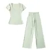 Conjunto de Ropa de Casa: Camiseta de Manga Corta Ajustada con Cuello en U Estilo 'Hot Girl' + Pantalones Rectos Sueltos de Cintura Estrecha con Cordón