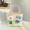 Nova bolsa de piquenique de primavera, bolsa de palha grande, esquema de cores rosa fofo, design xadrez color-block fresco e estiloso
