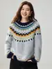 Suéter de cachemir jacquard Fair Isle de cuello redondo diseño jacquard retro otoño e invierno holgado dulce ajustado suéter de punto prenda interior