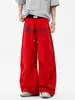 Calça paracaidista plissada com cintura dupla color block e estampa de letras estilo retrô americano, marca moderna unissex, calça larga solta para primavera e outono