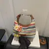 Bolso de Paja Rayado Arcoíris para Mujer 2026 Verano Nuevo Estilo Vacaciones en la Costa Bolso de Hombro Tejido Bolso Tote para Viajar