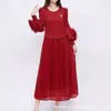 Vestido Largo Elegante Versátil de Color Puro de Manga Larga de Moda de Talla Grande para Mujer Primavera y Verano 2025 Miyake