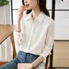 Foto Real de 25 Camisa de Satén Gris Azul Otoño para Mujer de Manga Larga Otoño Botonadura Oscura Estilo Retro de Hong Kong Caída Ropa de Trabajo Ligera y Madura