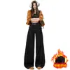Jeans Patchwork Estilo Americano de Inverno 2025 para Mulheres, Calças Quentes com Forro de Lã, Espessado Novo Tendência Solto de Perna Larga Comprimento Total