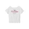 Camiseta Feminina de Manga Curta Off-Shoulder, Novo Estilo de Verão, Estampa de Letras de Desenho Animado Americano, Top Soltinho e Casual para Mulheres