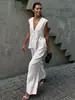 Ropa de Mujer de Exportación Europea y Americana 2025 Elegante Ropa de Trabajo Sencillo Top sin Mangas con Botones y Cuello en V Traje de Pantalón