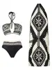 Traje de baño étnico blanco y negro 2026, tres piezas, top con cuello halter, blusa dividida, traje de baño con estampado de vacaciones y playa para mujer