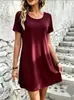 Vestido corto de manga corta para mujer, color liso, corte holgado, cuello redondo, línea A, corto, hecho a medida según dibujos y muestras de comercio exterior