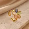 Anillo Retro de Moda Colorido Ojo de Gato Flor Acero Inoxidable Chapado en Oro de 18k para Mujer Sentido del Diseño Dulce Temperamento Anillo de Dedo