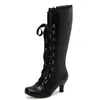 Nuevas botas altas de comercio exterior de otoño e invierno con cordones delanteros del fabricante, estilo europeo y americano para mujer, tacón grueso, punta redonda, correa cruzada, caña alta, talla grande, botas de montar