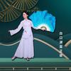 Ventilador de seda para dança Yangko de Jiaozhou seda dupla face gradiente azul lago Branco ventilador de dança alongado extra grande Ventilador de performance