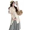 Conjunto de Dos Piezas para Mujeres Embarazadas, Camisa Suelta de Manga Corta de Algodón y Lino Estilo Japonés Vintage con Falda a Cuadros