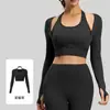 Top de Yoga para Mujer de Manga Larga con Cuello Halter, Almohadillas para Sujetador Integradas, Cierre Debajo del Busto, Efecto Push-up, Alta Elasticidad, Corte Ajustado, Ropa Deportiva para Fitness