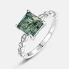 Anel Quadrado de Ágata Aquática Natural Popular para Venda Cruzada de Comércio Exterior para Mulheres, Prata S925 Cravejado com Pedra Musgo Verde, Anel Simples para Dedo Indicador