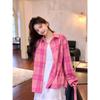 (Método de Tejido Original) Camisa de Cuadros Rosa de Manga Larga para Mujer Principios de Otoño Cuello Polo Dulce y Picante Cárdigan Exterior Amarillo