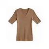 Camiseta Manga Curta V-Neck de Lã Pura 100% Tricotada Peça Única Sem Costura Top Tricotado Interno Atacado