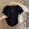 Camiseta Feminina de Verão 2025 Nova Slim Emagrecimento Bainha Curta Cintura Curvada Top Único com Gola Quadrada Rosqueada e Manga Curta